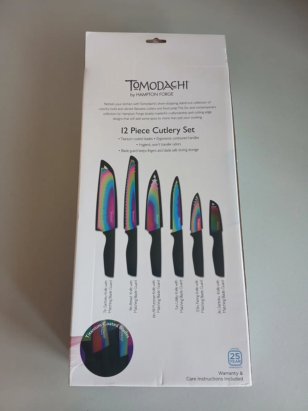 Tomodachi Rainbow Titanium 12 Piece Cutlery Set With Blade Guards New!